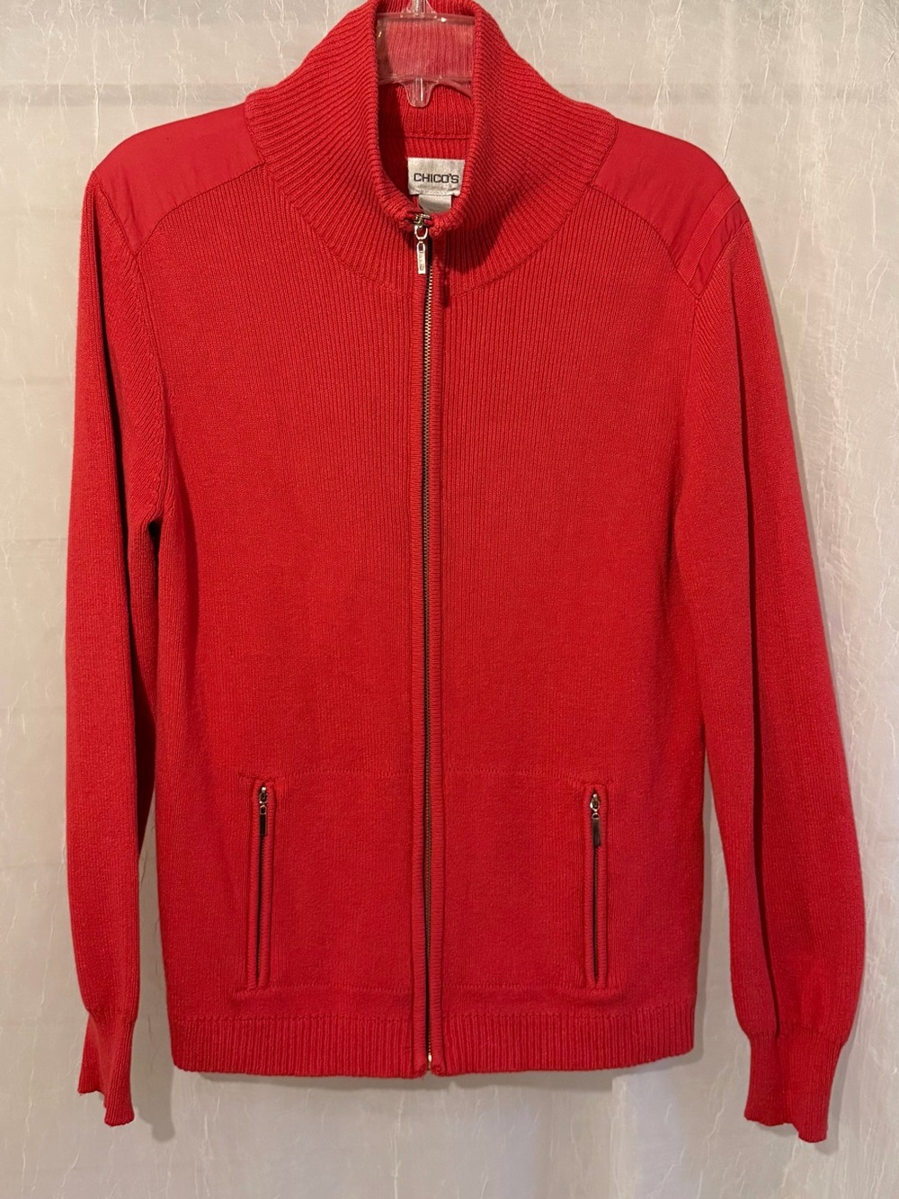 Chico's Coral Rayon Rib-Knit Full Zip Mock Neck Cardigan Sweater Long Sleeve 0